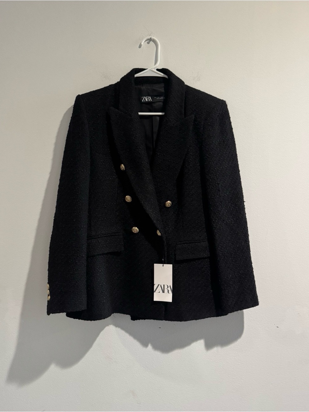 ZARA Black Tweed Double Breasted Gold Button Blazer Jacket L NWT - Picture 3 of 10